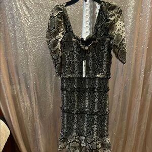 Women's Black and Cream Snake Print Ruffle Dress NWT